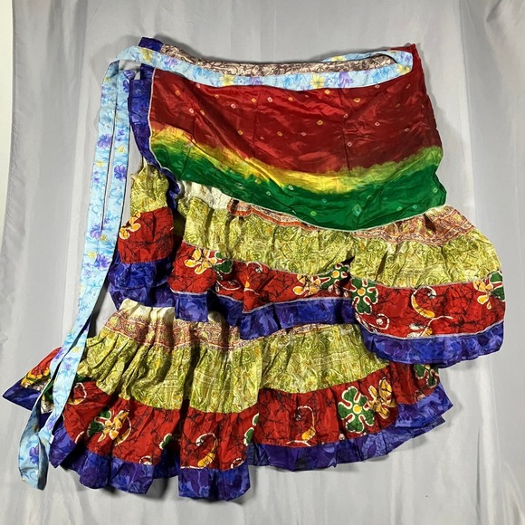 Dresses & Skirts - Bohemian Silk Wrap Skirt Rainbow Tie Dye Tiered Ruffled Made in Nepal